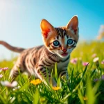 Bengal Kittens for Sale playing in a sunny meadow surrounded by colorful flowers.
