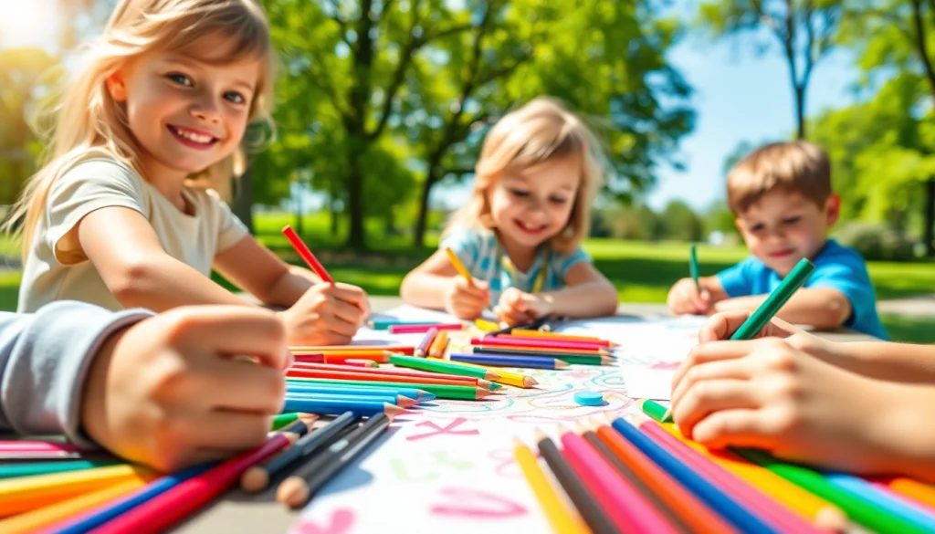 Children happily using kids colouring pencils to create art outdoors in a colorful park setting.