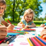 Children happily using kids colouring pencils to create art outdoors in a colorful park setting.