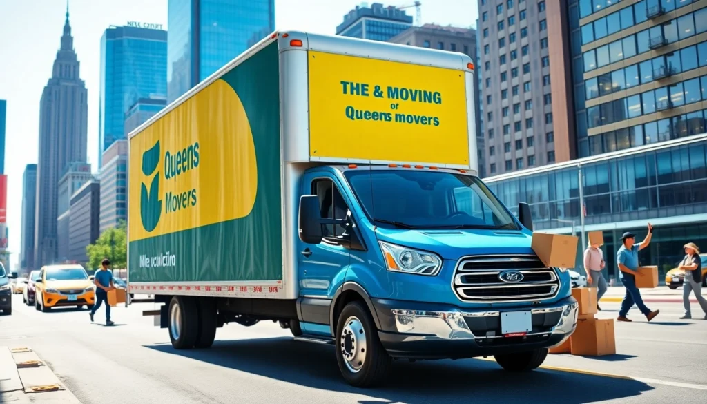 Queens movers efficiently working in a vibrant New York setting, showcasing professionalism and energy.
