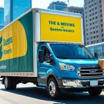 Queens movers efficiently working in a vibrant New York setting, showcasing professionalism and energy.