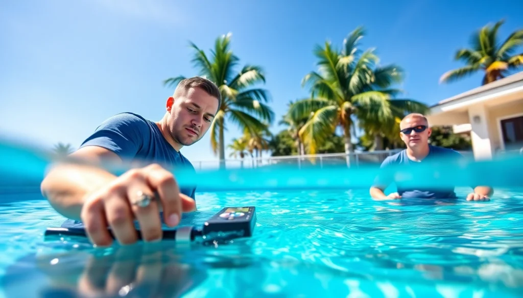 Swimming pool service Pinellas County shows a professional team ensuring water quality in a sparkling pool.