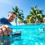 Swimming pool service Pinellas County shows a professional team ensuring water quality in a sparkling pool.