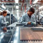 Engineers analyzing microchips in a bustling fabrication facility, highlighting innovation.