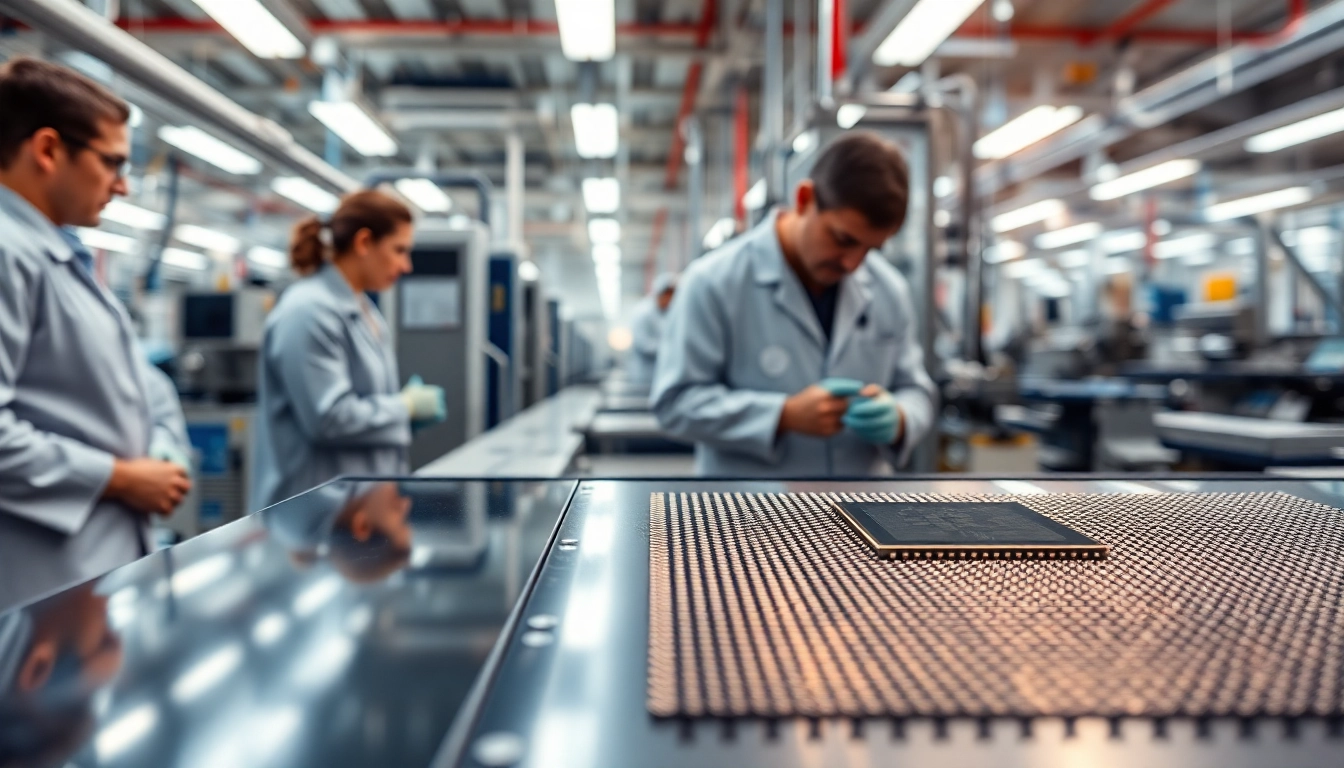Engineers analyzing microchips in a bustling fabrication facility, highlighting innovation.