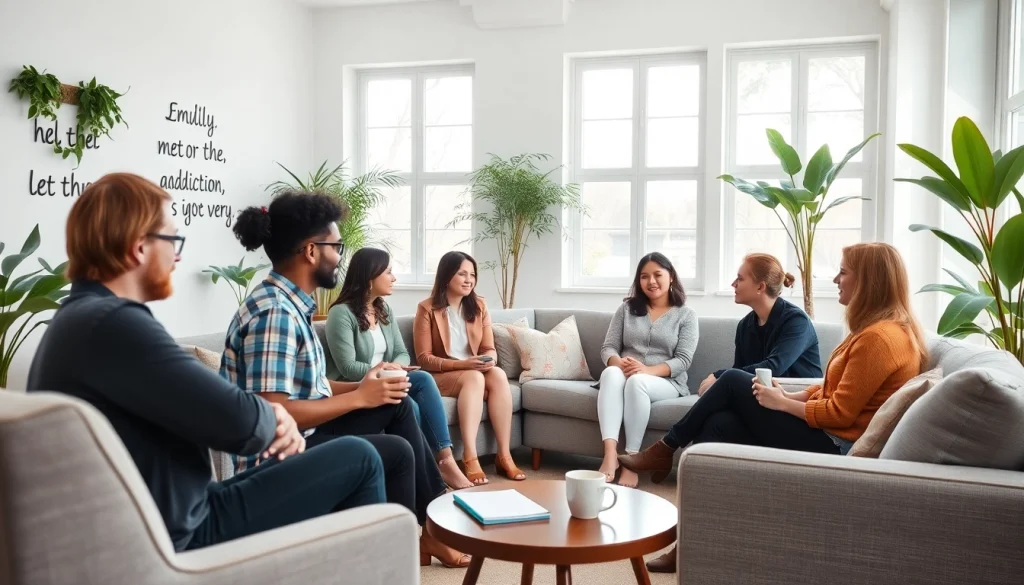 Engaged group therapy session focused on addiction recovery, showcasing diversity and support.