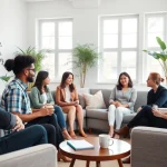 Engaged group therapy session focused on addiction recovery, showcasing diversity and support.
