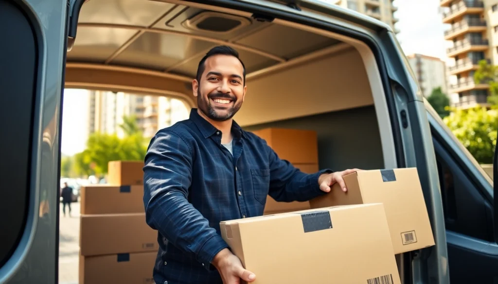 Efficient man and van moving service transporting boxes in a busy urban landscape.