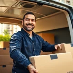 Efficient man and van moving service transporting boxes in a busy urban landscape.