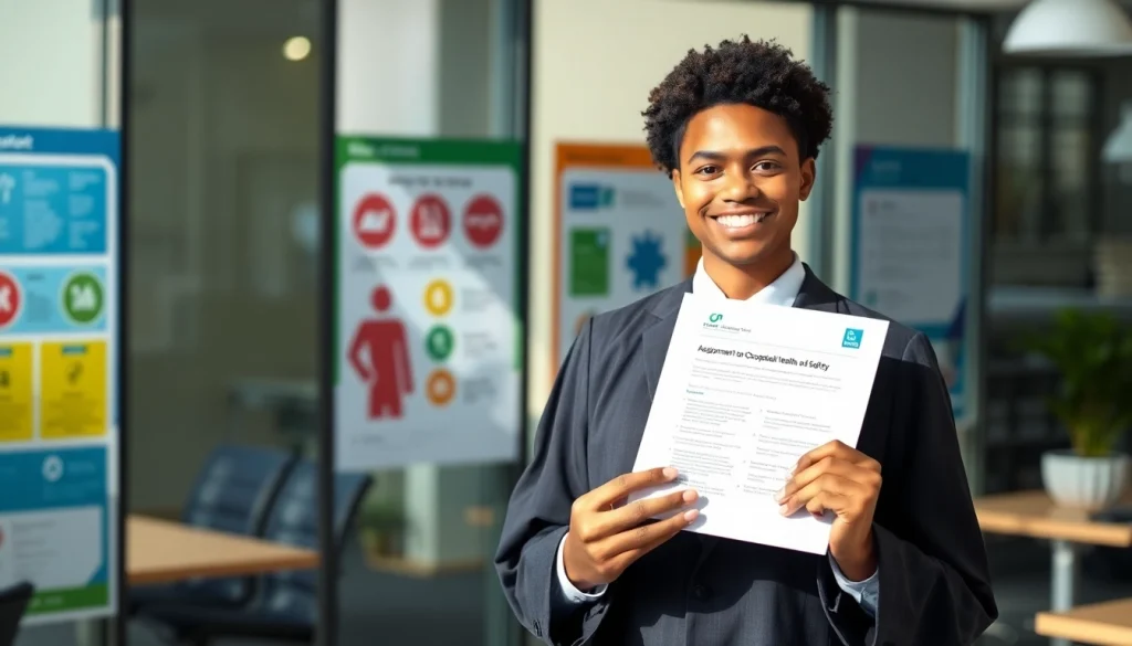 Showcase a graduate with the level 6 nvq diploma in occupational health and safety - completed assignments pdf in a confident office setting.