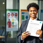 Showcase a graduate with the level 6 nvq diploma in occupational health and safety - completed assignments pdf in a confident office setting.