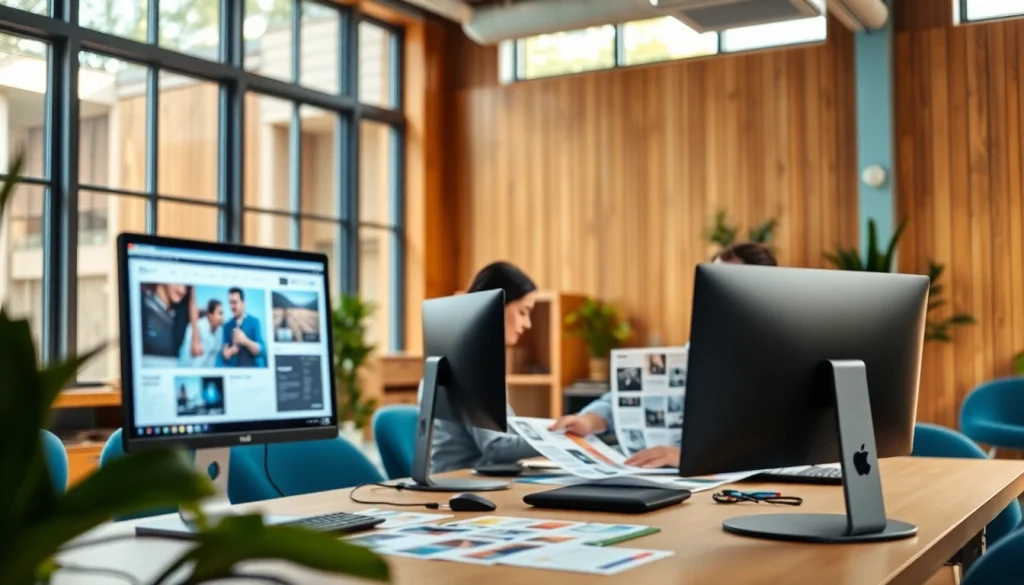 Showcasing collaborative web design in a modern studio with designers engaged in creative discussion.