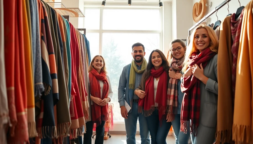 Find stylish scarves near me in a vibrant boutique setting with shoppers exploring options.
