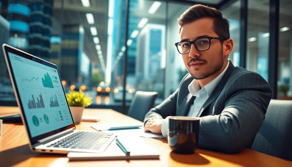 B2B buyer analyzing market trends in a modern office setting with digital devices.