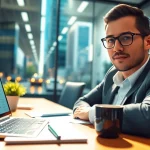 B2B buyer analyzing market trends in a modern office setting with digital devices.