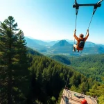 Experience the excitement of ZIP WIRE KITS with a jumper soaring through a vibrant forest landscape.