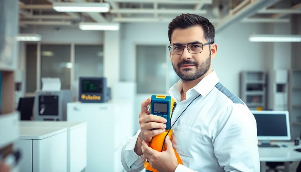 Technician conducting Portable Appliance Testing with safety gear in a bright office.