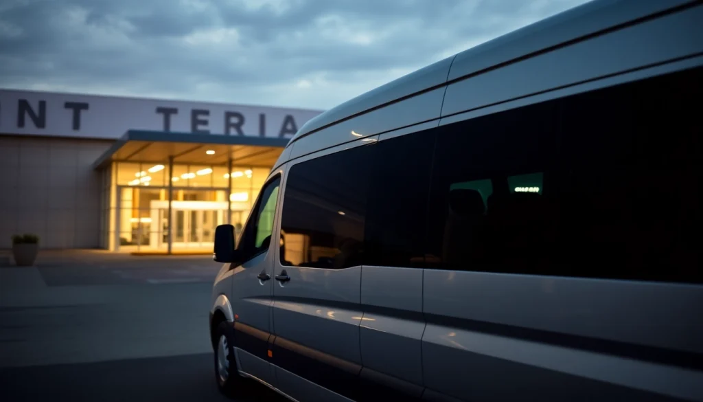Leeds airport transfers featuring a modern minibus ready for passenger pickup in front of a terminal.