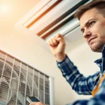 HVAC technician fixing ac unit during ac repair mesa az service in a home setting