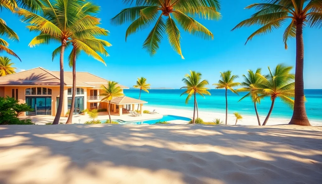 Showcasing stunning jamaica real estate, a luxurious beachfront villa amidst palm trees and clear skies.