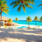 Showcasing stunning jamaica real estate, a luxurious beachfront villa amidst palm trees and clear skies.
