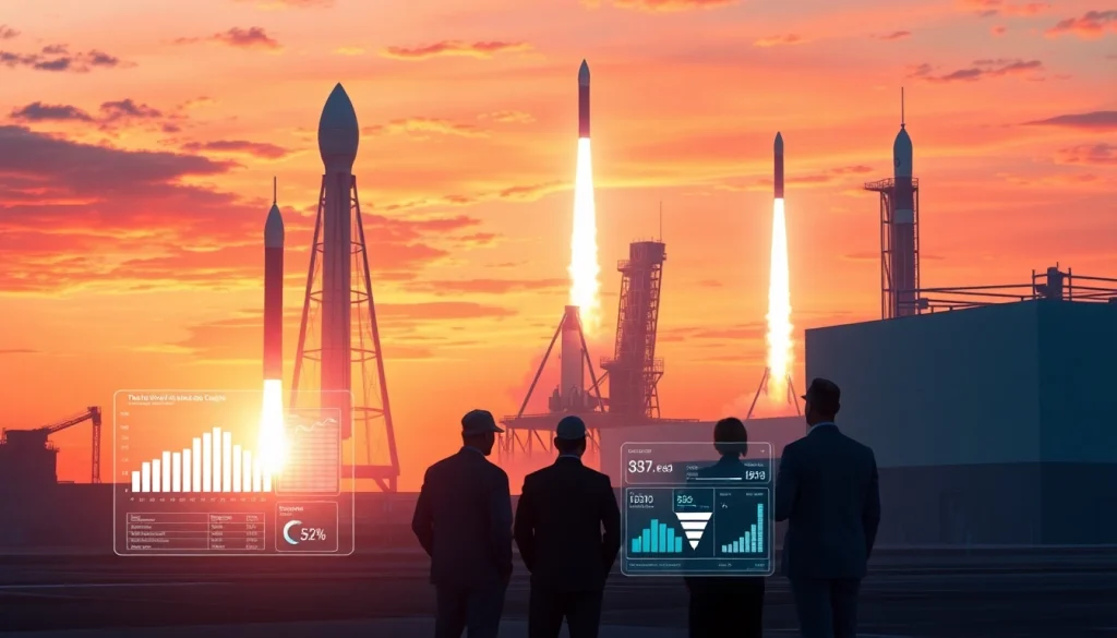 Engaging revenue rocket lab data analysis with advanced technology visuals and dynamic rocket launches.