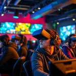 Permainan online yang menarik dengan suasana penuh warna di lounge gaming.