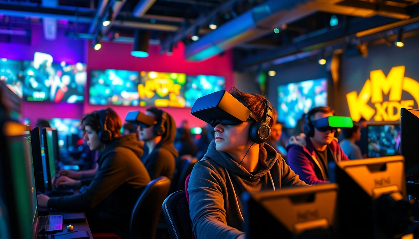 Permainan online yang menarik dengan suasana penuh warna di lounge gaming.