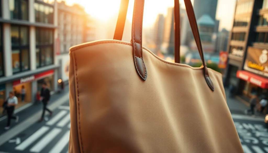 Showcasing a stylish tote bag with exquisite stitching in a vibrant urban setting.