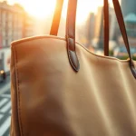 Showcasing a stylish tote bag with exquisite stitching in a vibrant urban setting.