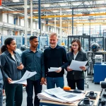 Manufacturers collaborate in a modern factory environment showcasing teamwork and production.