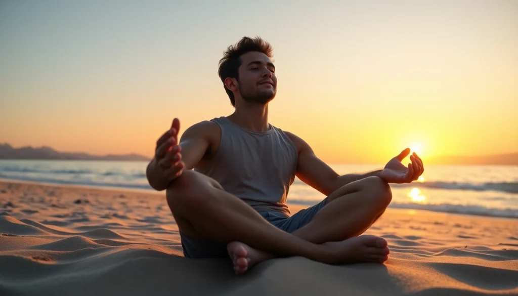 Person meditating on a beach, dealing with stress in a serene environment.