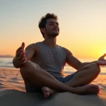 Person meditating on a beach, dealing with stress in a serene environment.