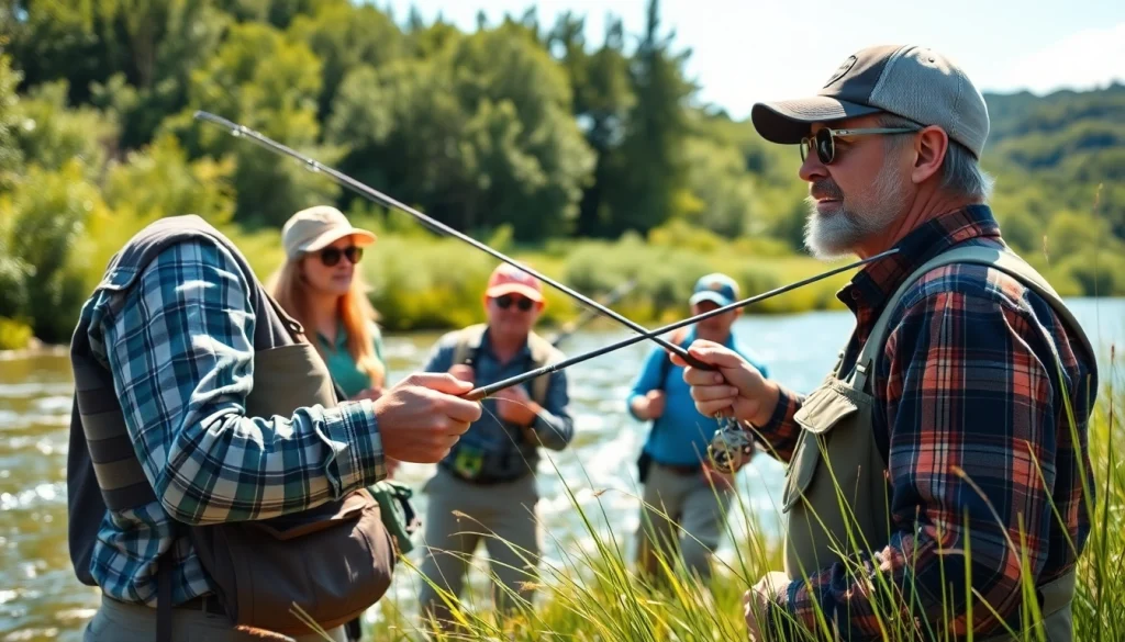 Engaged fly fishing lessons near me with instructor teaching on a riverbank.