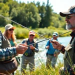 Engaged fly fishing lessons near me with instructor teaching on a riverbank.