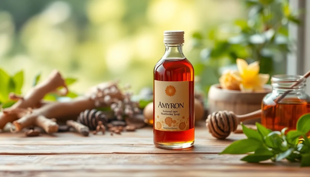 Amyron syrup uses in Hindi highlighted in a photorealistic image of the syrup bottle with herbal ingredients