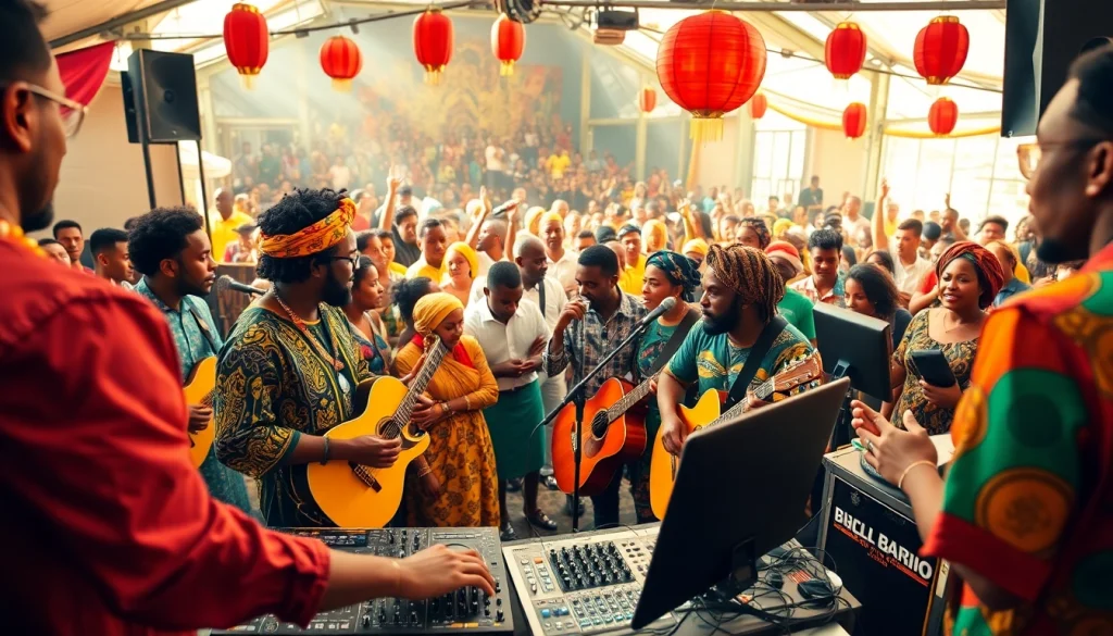 Experience Afrobeats streaming through a lively music scene with diverse artists and a vibrant audience.
