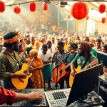 Experience Afrobeats streaming through a lively music scene with diverse artists and a vibrant audience.
