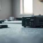 Enhance your setup with the starlink mini 12v power supply unit featured in a modern workspace.