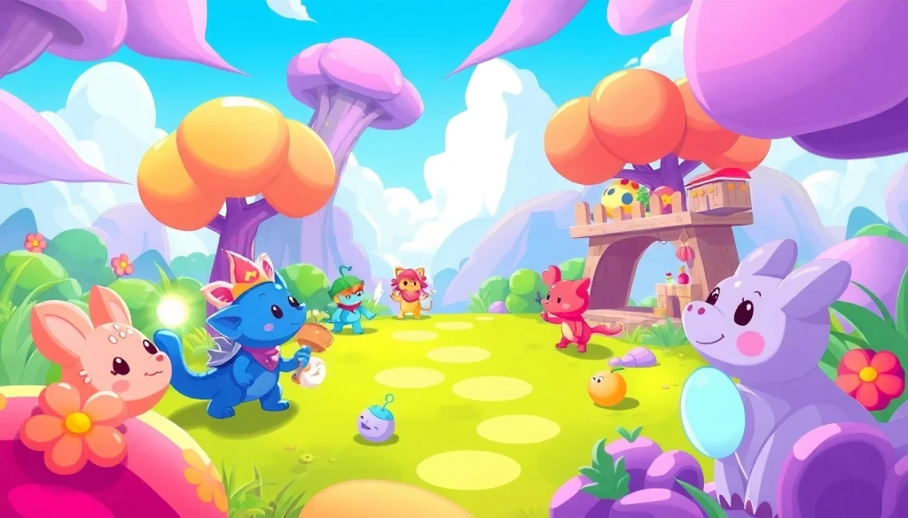 The dede game showcases colorful characters exploring a fantastical landscape full of adventure.