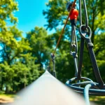 Experience the thrill of a ZIP WIRE KIT with professional equipment in a scenic forest setting.