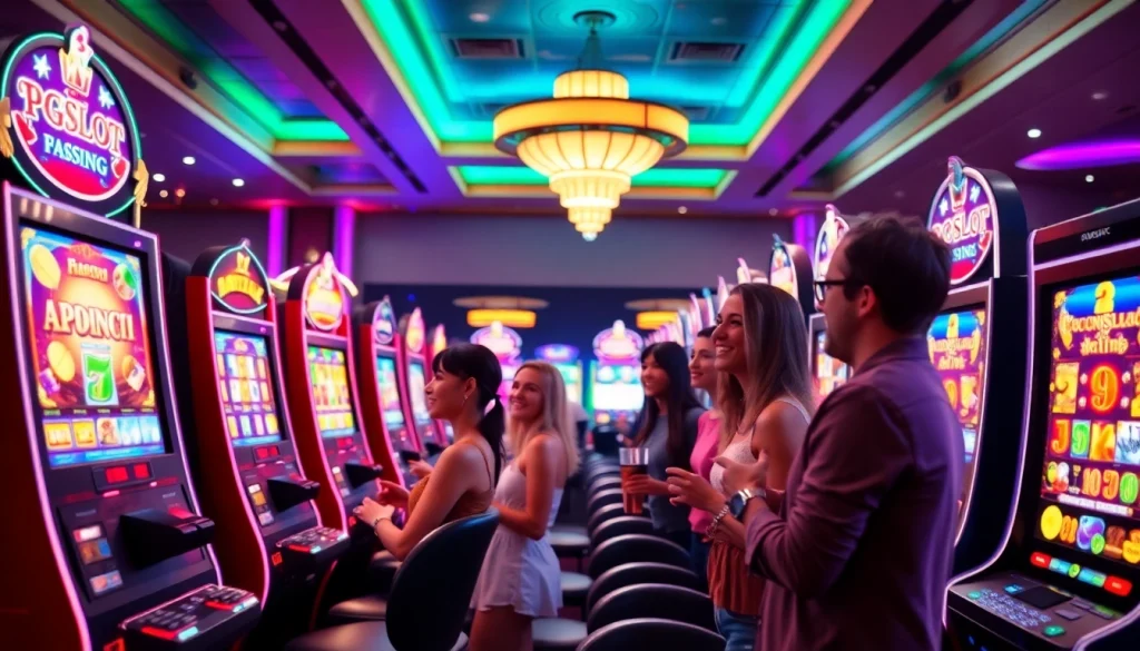 Experience excitement at PGSlot with vibrant slot machines and players engaged in action.