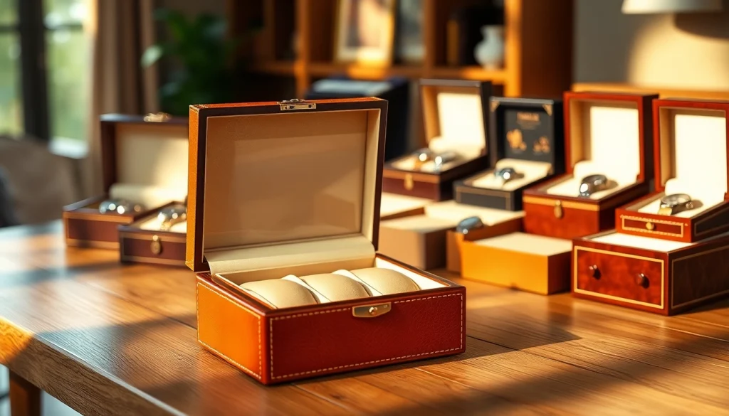 Showcase of luxury watch boxes featuring various designs and materials, highlighting craftsmanship.