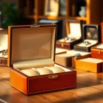 Showcase of luxury watch boxes featuring various designs and materials, highlighting craftsmanship.