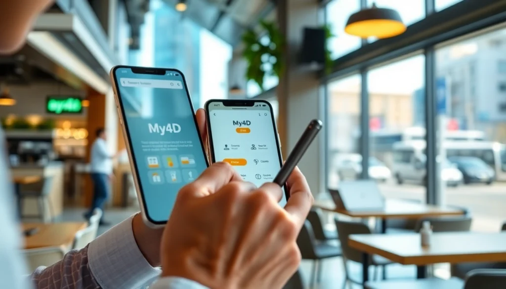 Engaged user navigating my4d app on smartphone amidst a bustling urban cafe setting.