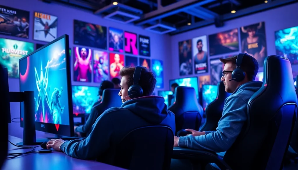 Engaged players strategizing with dma cheats displayed on their screens in an electrifying gaming room.