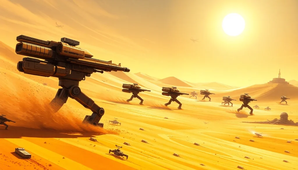 Engaging scene from the Dune 2 game showcasing a battlefield with military units and desert landscape.