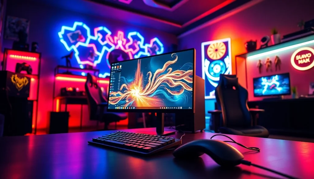 Experience an advanced gaming computer setup with vibrant lighting and accessories.