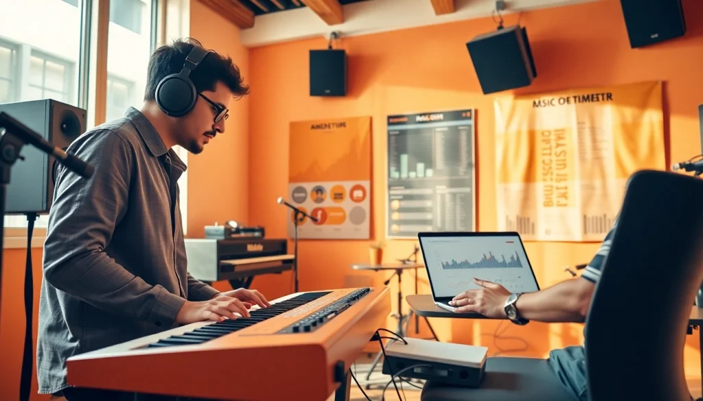 Engaging musicians strategizing on music promotion services in a vibrant studio setting.