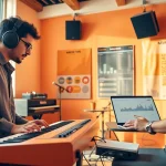 Engaging musicians strategizing on music promotion services in a vibrant studio setting.